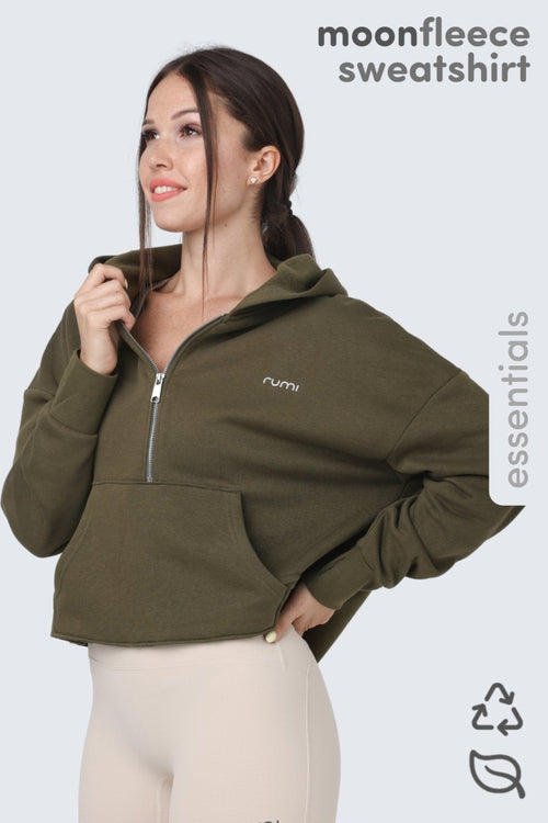 W Moon Cropped Sweatshirt Fleece Hoodie + Zip - Olive Deep