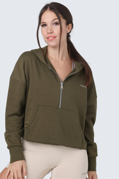 Rumi Earth - W Moon Cropped Sweatshirt Fleece Hoodie + Zip - Olive Deep - R113335DOP - Tops