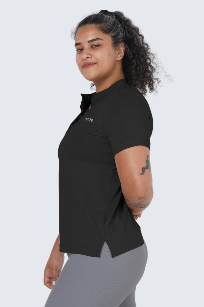 Rumi Earth - W Moon Move Tee Mock Henley - Black - R111118BKP - Tops