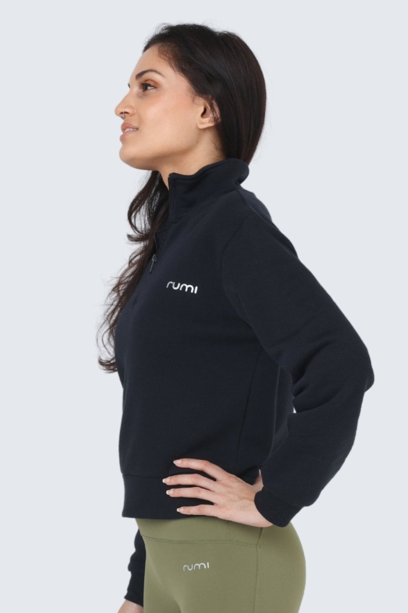 Rumi Earth - W Moon Sweatshirt Fleece Mock - Neck Half - Zip - Black - R112900BKP - Tops