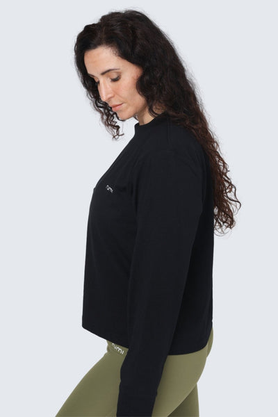 Rumi Earth - W Moon Tee Mock - Neck Long - Sleeve - Black - R111222BKP - Tops